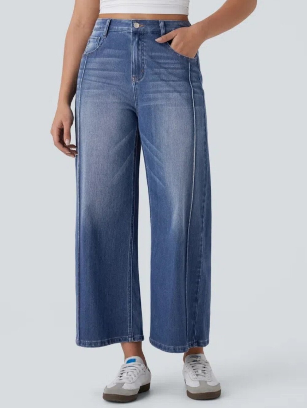 Halara NEW High Waisted Baggy Wide Leg Jeans Medium Blue Wash XS Stretchy Denim